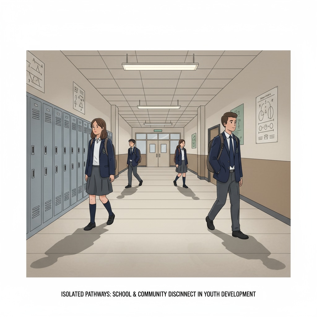 A group of students are walking alone in a school corridor, with no signs of community members or interaction, emphasizing the lack of connection between schools and the community in relation to youth development. Students walking alone in a school corridor, showing the disconnection between school and community relevant to youth programs
