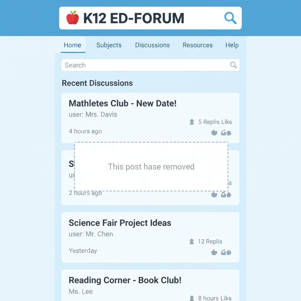 A screenshot of a K12 education forum page where a post has been removed, with no explanation provided. The page shows other discussions but the missing post area has a blank space. A K12 education forum screenshot highlighting a post removal without explanation