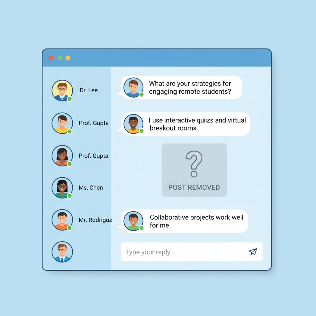 An illustration showing a group of educators chatting in an online forum interface. There is a large question mark over an area where a post should be, indicating a removed post. An illustration depicting educators in an online forum with a missing post related to K12 education discussion