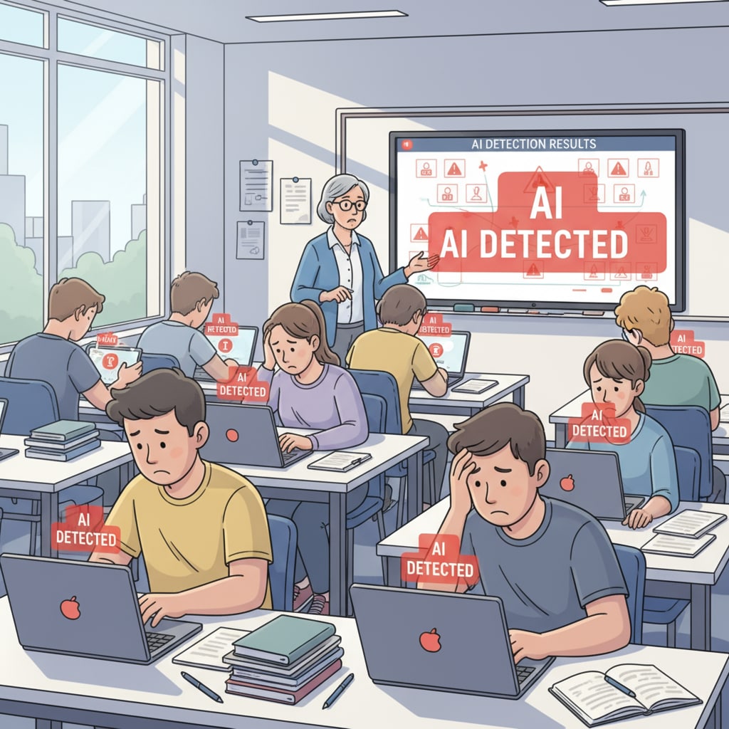 Students are seen with disappointed expressions as they encounter AI detection tools during a creative writing class. This shows the negative impact on their morale. Students' frustrated expressions during creative writing class due to AI detection tools