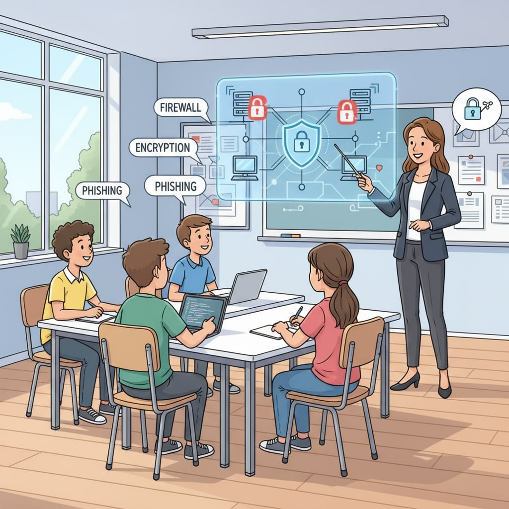A classroom scene where students are attentively listening to a teacher explaining cybersecurity concepts Classroom scene with students learning cybersecurity concepts, highlighting teaching methods and student engagement