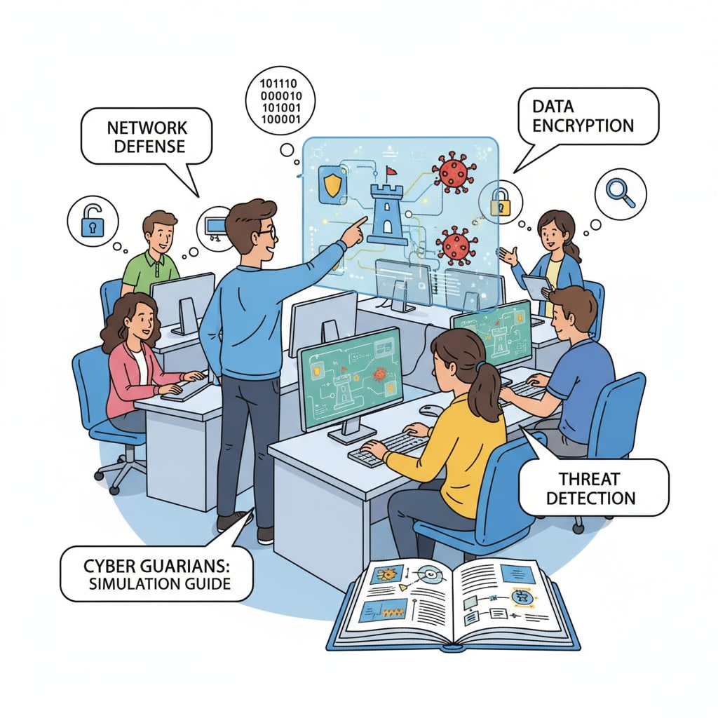Students participating in a cybersecurity simulation activity Students engaged in a cybersecurity simulation, demonstrating interactive teaching method and high student engagement