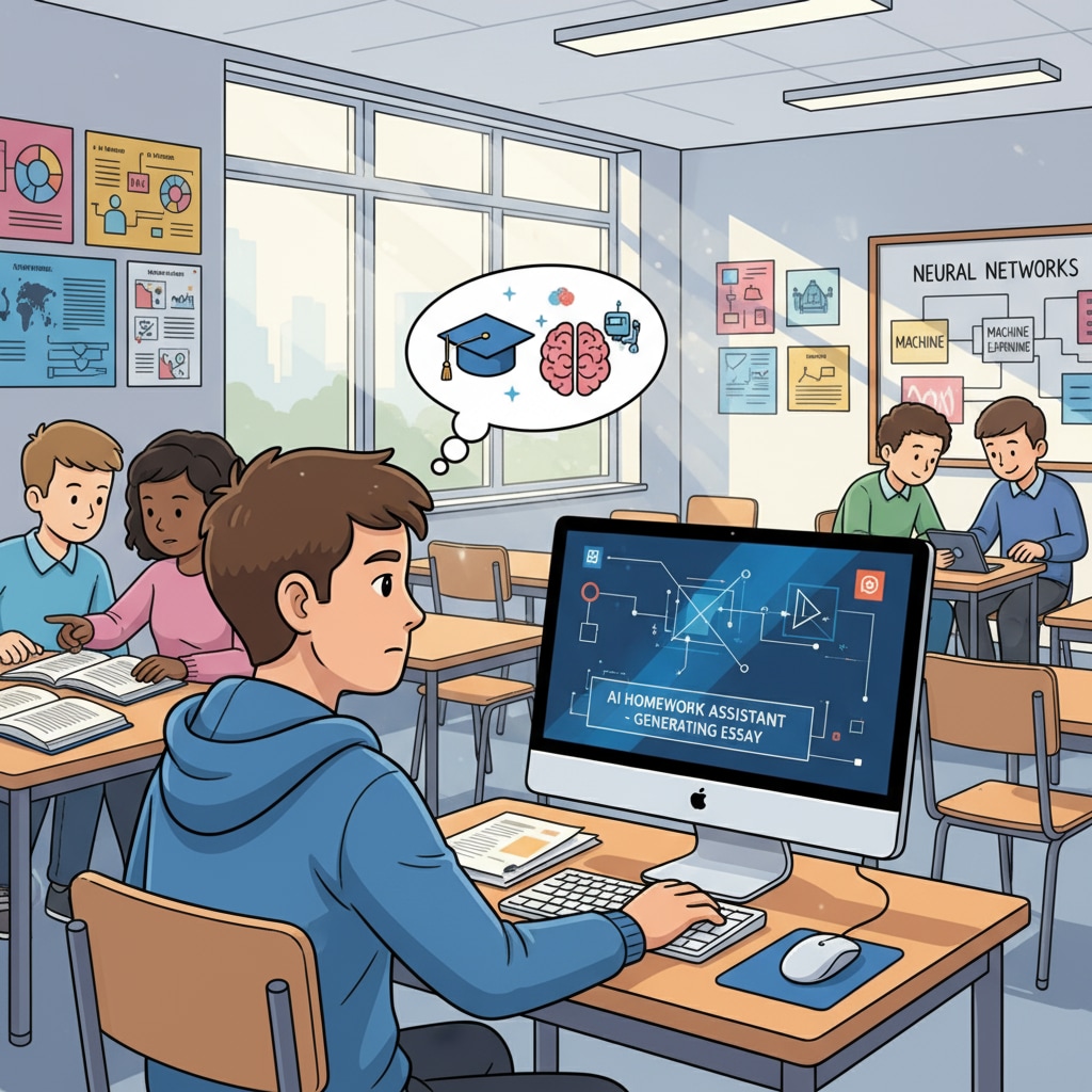A scene of students in a classroom, with one student using a computer to potentially work on AI-generated homework. Students in a classroom working on AI-rewritten content and the possibility of detection