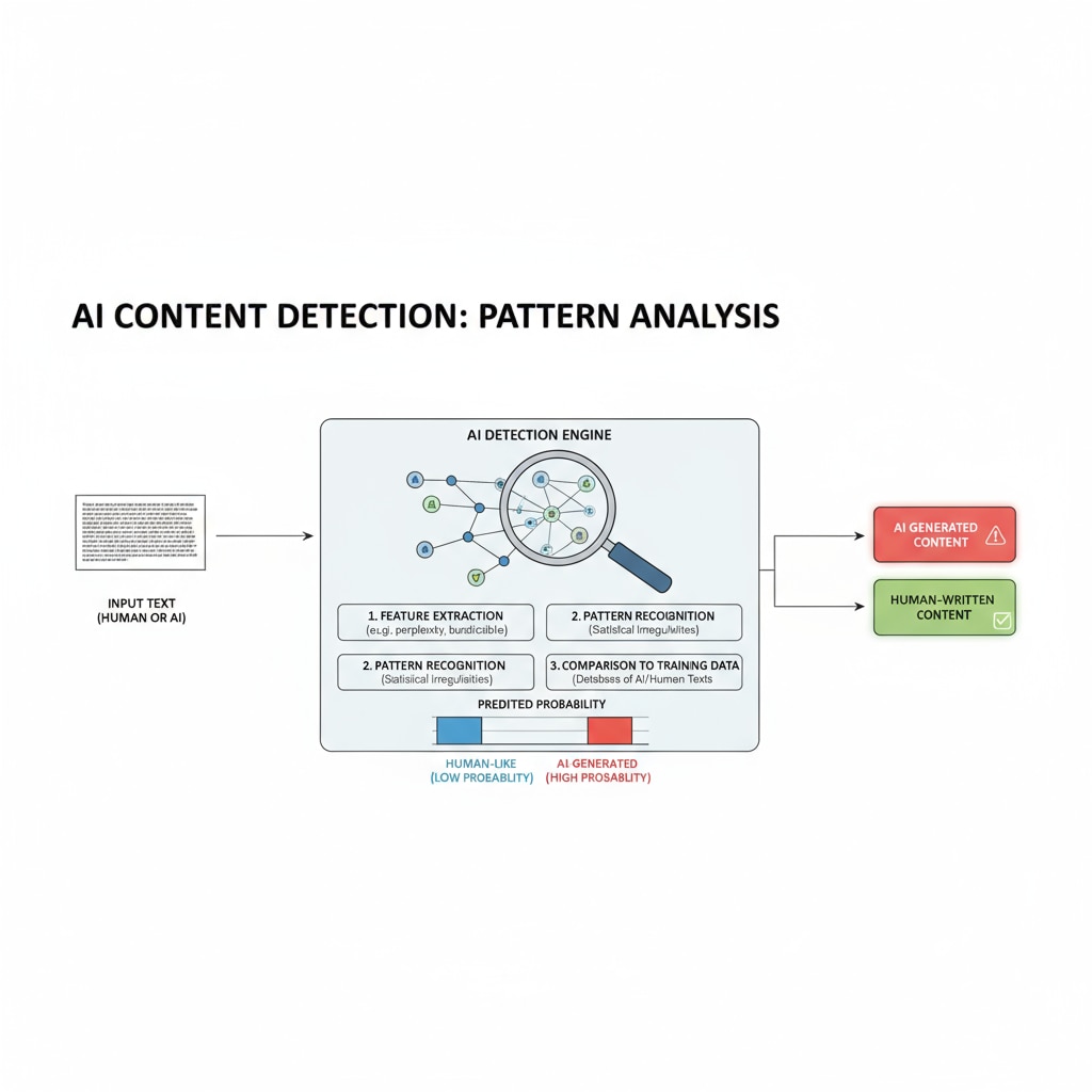 A visual representation of how AI detection tools analyze text for patterns to identify AI-generated content. Illustration of AI detection tools analyzing text patterns related to manually entered rewritten content