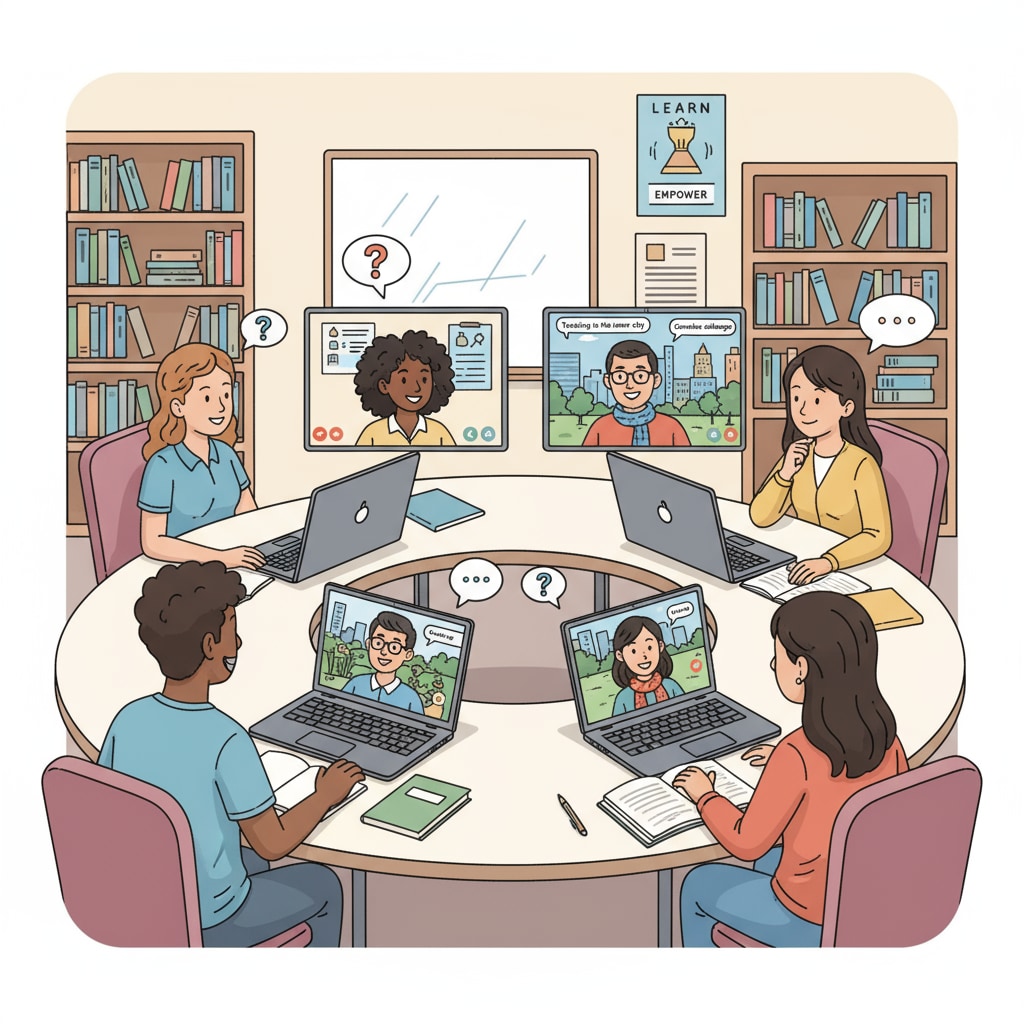 A group of university students are sitting in a classroom, some looking at their laptops intently as they conduct virtual interviews with urban educators on the screen. University students conducting virtual interviews for urban education projects