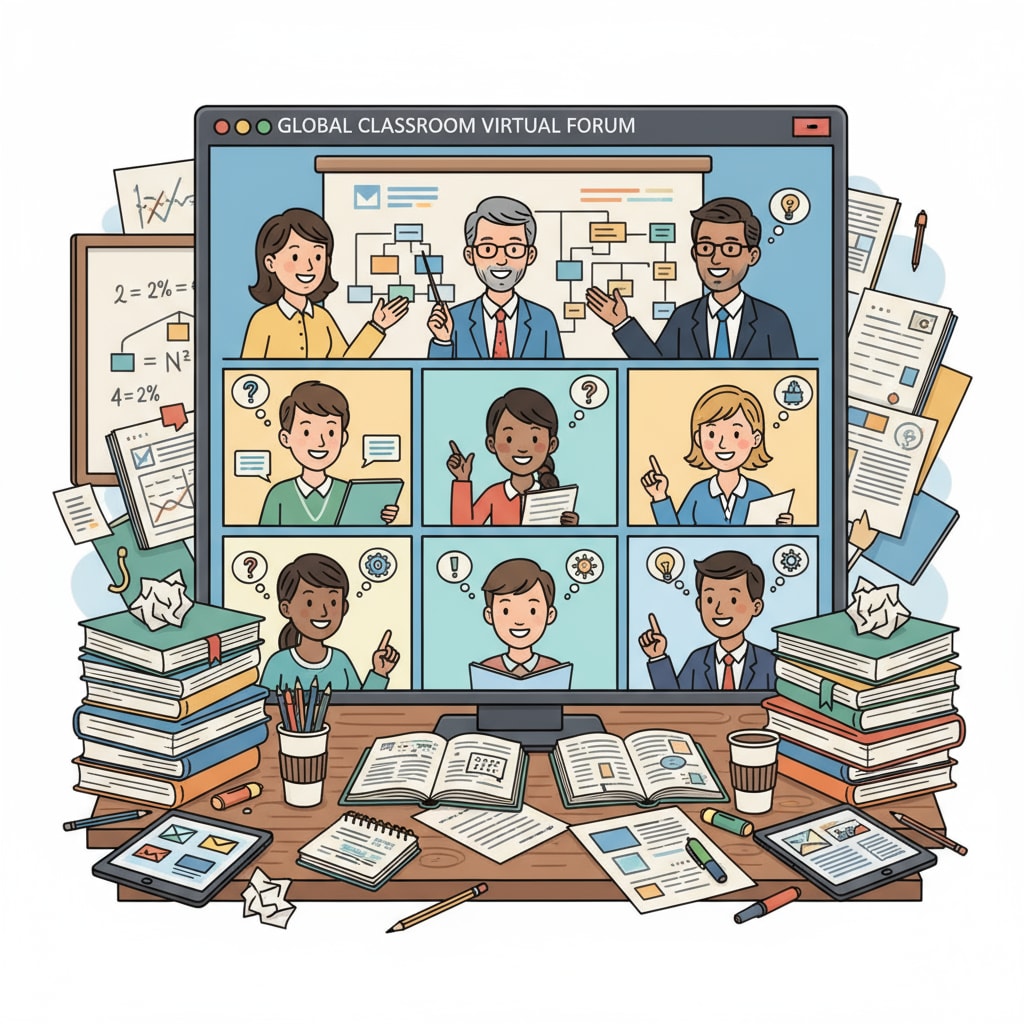 In a virtual meeting window, educators and students are engaged in a lively discussion. There are notes and papers scattered on the desks, indicating an in-depth exchange of ideas. Educators and students having a productive virtual interview for urban education