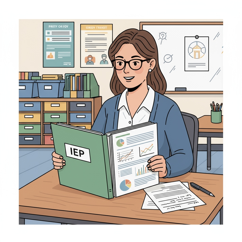 Special education teacher facing understanding difficulties while reviewing an IEP file