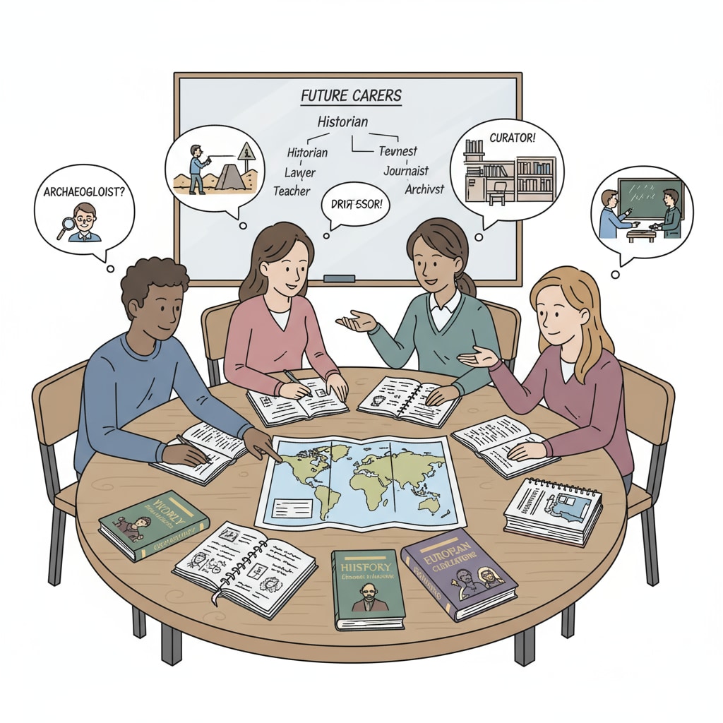 A group of high school students are gathered around a table, discussing their future career aspirations. There are several history books and notebooks on the table, indicating their interest in the subject. High school students discussing career plans related to becoming a history teacher and their university application considerations.