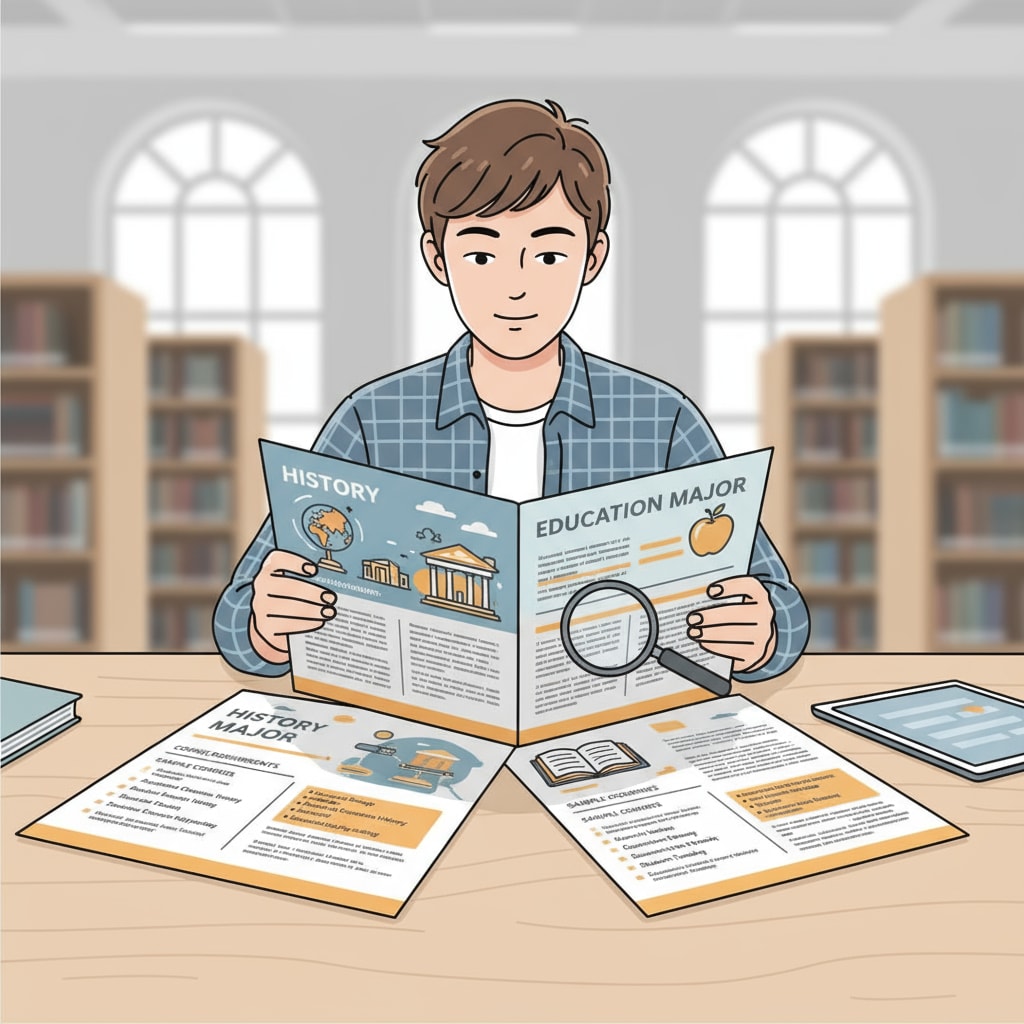 A student is sitting at a desk, looking through various university brochures. The brochures have information about history and education majors, with highlighted sections showing the courses and requirements. Student researching university majors in history and education as part of their teacher career planning and university application process.