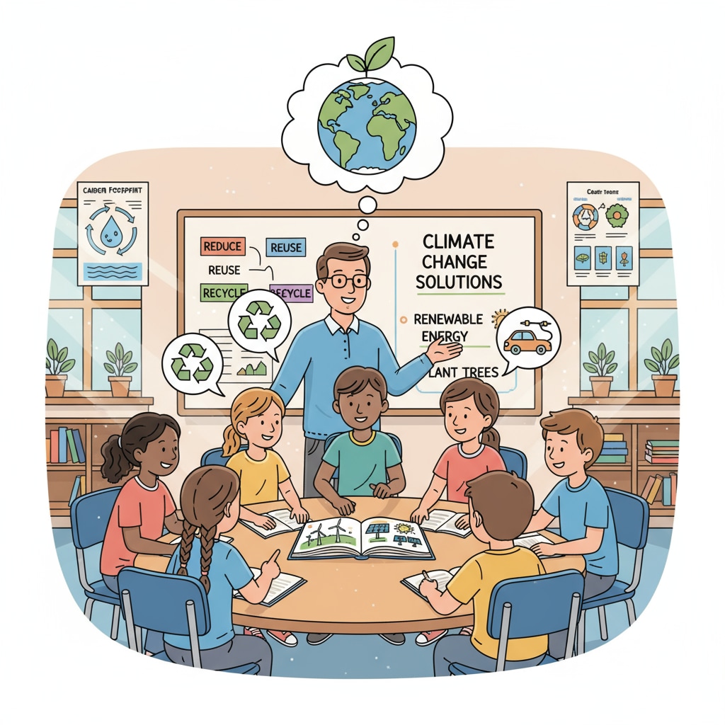 Students in a K-12 classroom are actively involved in an environmental education activity, discussing ideas related to climate change solutions. K-12 students engaged in environmental education for social change and climate change awareness