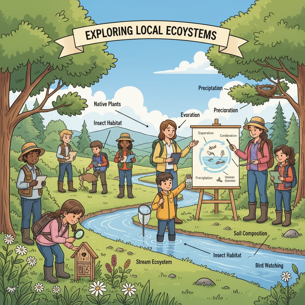 A group of K-12 students are participating in an outdoor environmental activity, learning about the local ecosystems to understand environmental issues better. K-12 students learning about local ecosystems as part of environmental education for social change and climate change mitigation
