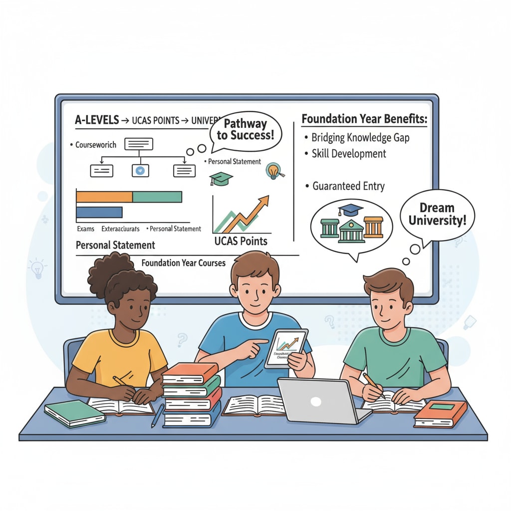An illustration showing students studying for A-Levels and aiming to get UCAS points for foundation year courses. Students working towards UCAS points for A-Level foundation year courses
