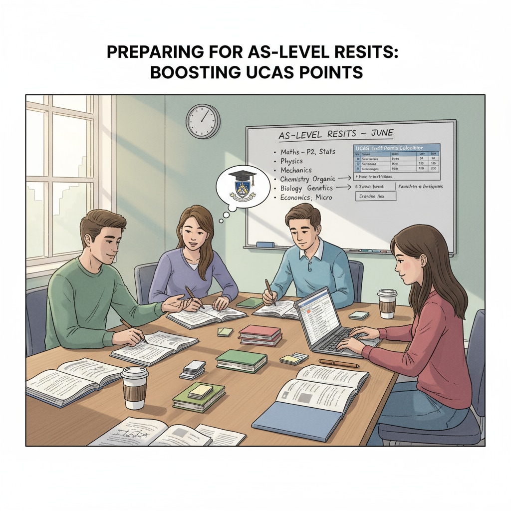 A picture of students preparing for AS-Level resits to improve their UCAS points. Students preparing for AS-Level resits related to UCAS points for foundation year courses