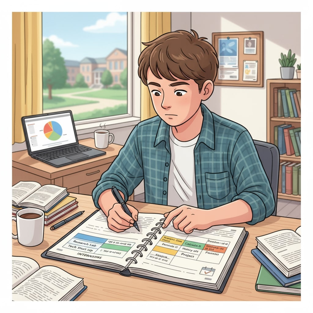 Student using a planner for internship and academic time management