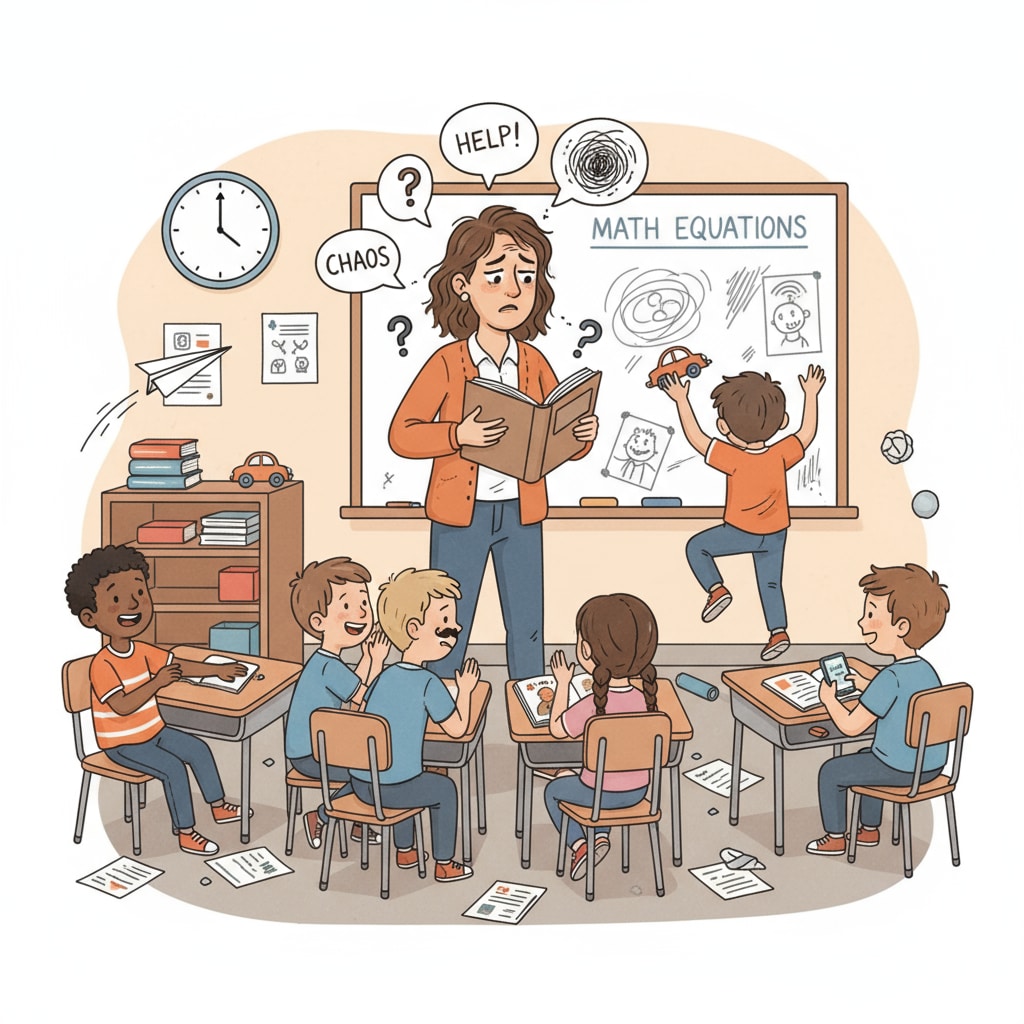 A teacher looking tired and frustrated while several students in the classroom are not following instructions and causing disruptions. A teacher facing student behavior problems and showing signs of workplace stress due to lack of support.