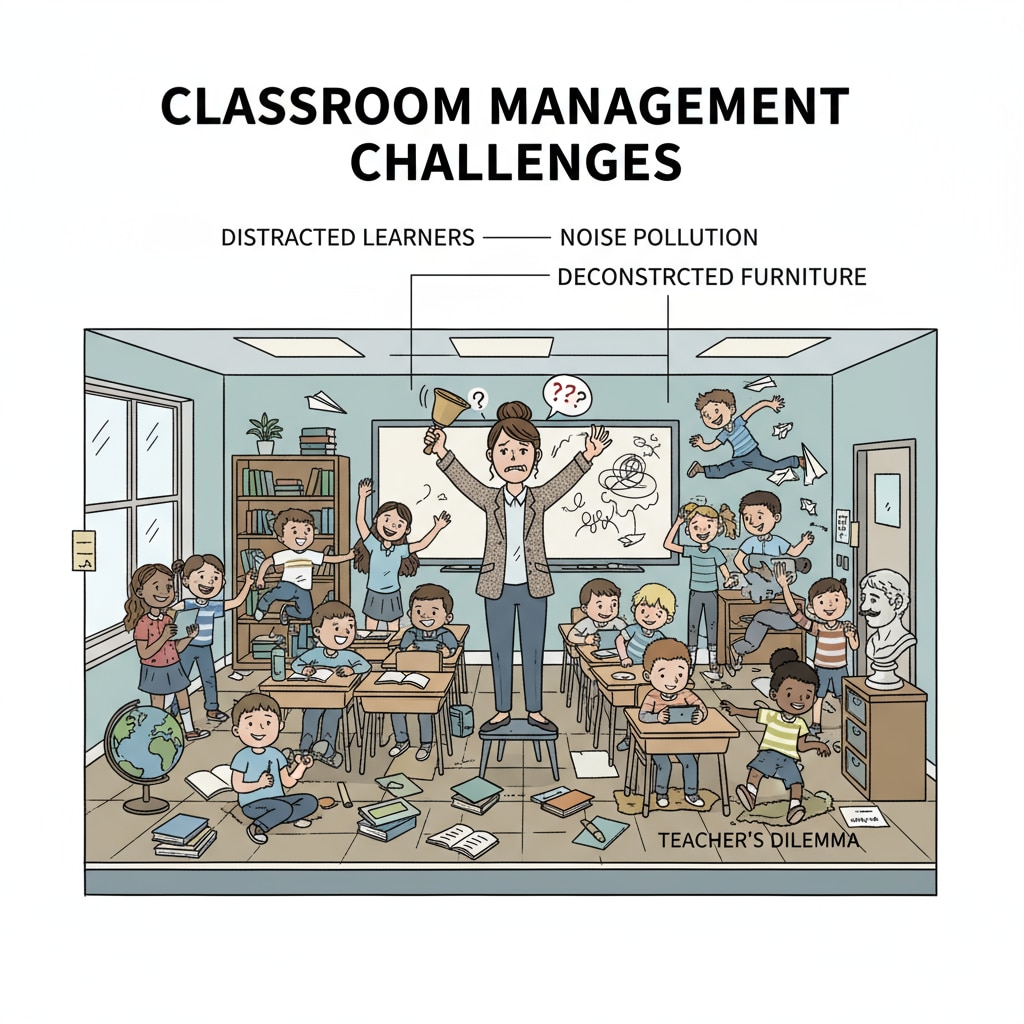 A chaotic classroom scene where students are misbehaving, talking loudly, and not paying attention, with a teacher in the middle trying to regain order. A visual representation of the challenges teachers face with student behavior problems and the resulting workplace setbacks.