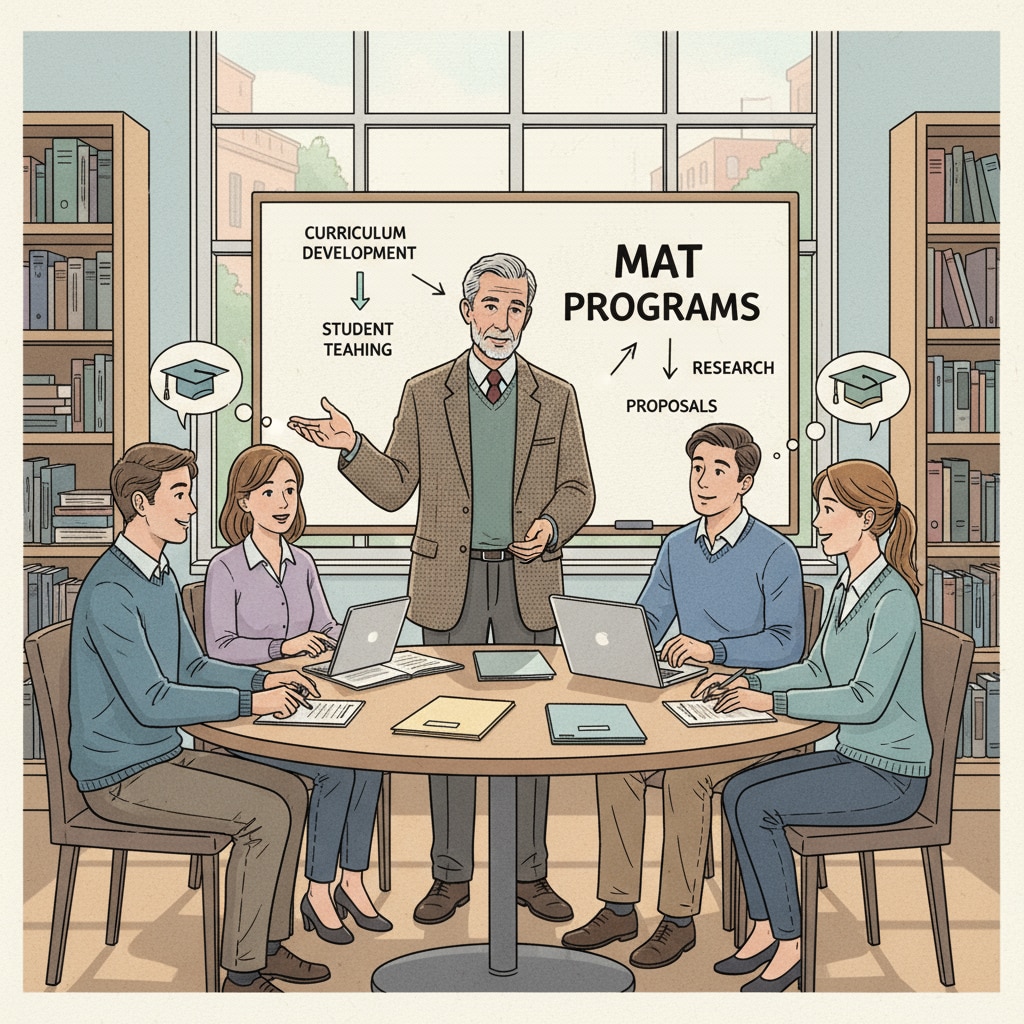 A group of teaching assistants is engaged in a discussion with a professor about their applications to MAT programs. They are exchanging ideas and seeking advice. Teaching assistants discussing MAT program applications with a professor