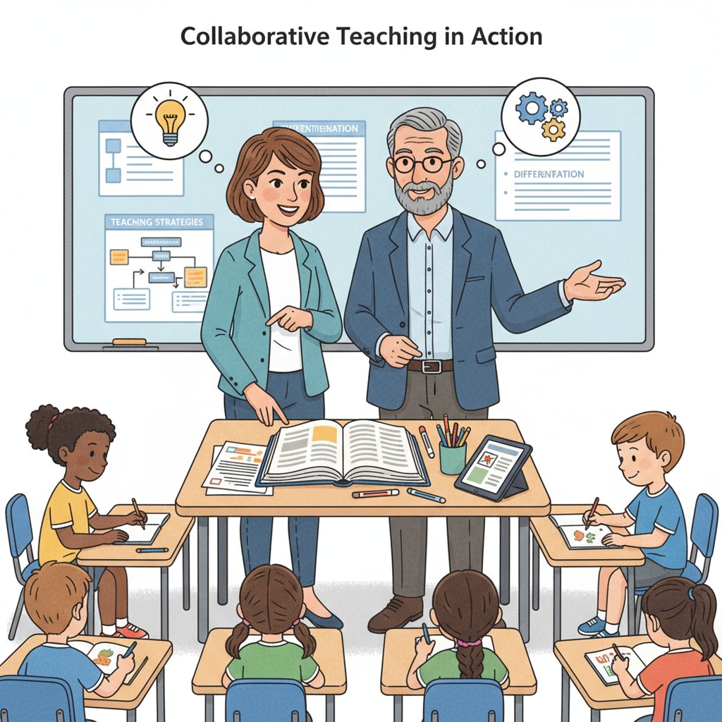 A teaching assistant and a cooperating teacher are working together in the classroom. They are observing students, discussing lesson plans, and collaborating on teaching strategies. A teaching assistant collaborating with a cooperating teacher in the classroom