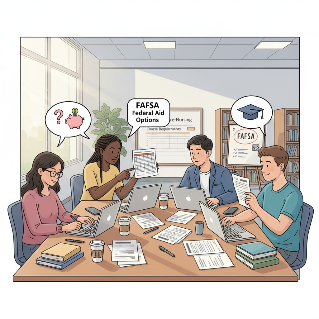 A group of students sitting around a table, looking at laptops and papers as they research FAFSA federal aid options for pre-nursing courses. Students researching FAFSA federal aid for pre-nursing courses