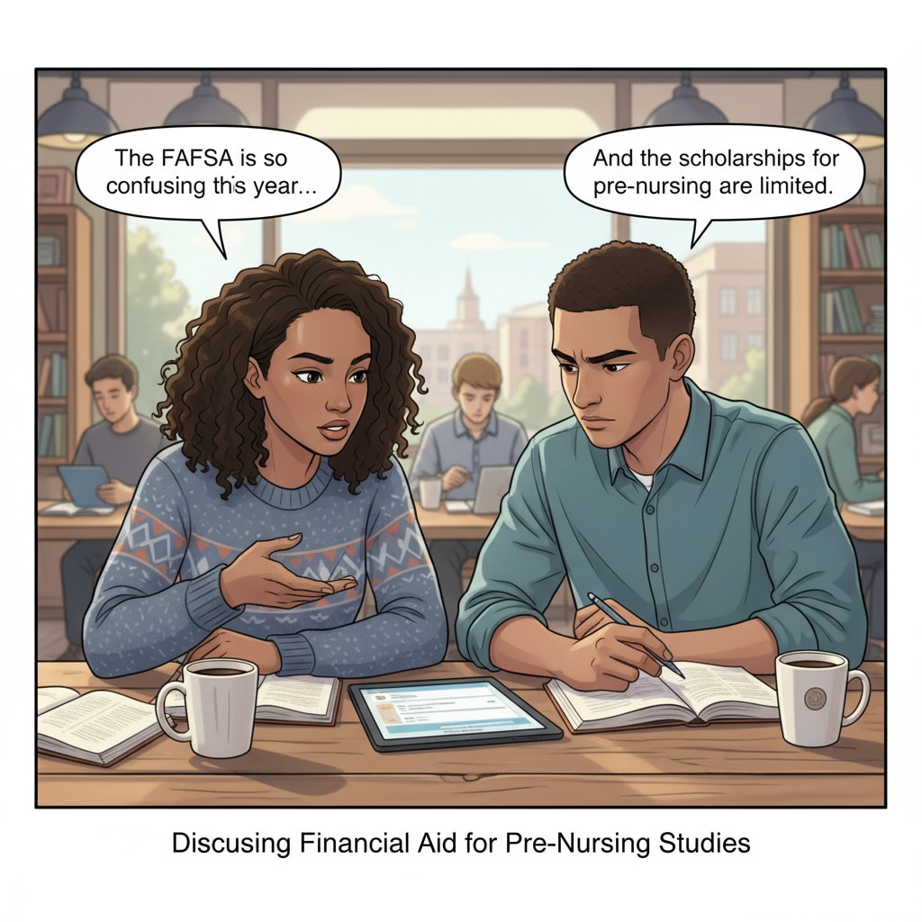 Two associate degree holders are sitting in a coffee shop, having a serious conversation about their financial aid options for pre-nursing courses. Associate degree holders discussing financial aid for pre-nursing courses