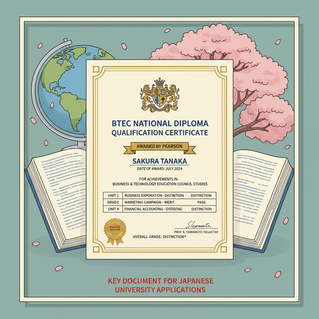 A BTEC qualification certificate, which is the key document for students applying to Japanese universities. BTEC qualification certificate for Japanese university applicants