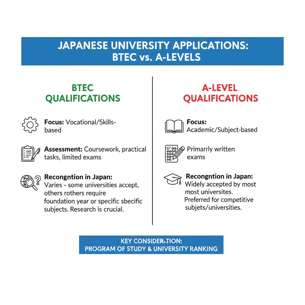 A comparison chart showing the differences between BTEC and A-levels relevant to Japanese university applications. Comparison of BTEC and A-levels for Japanese university applications
