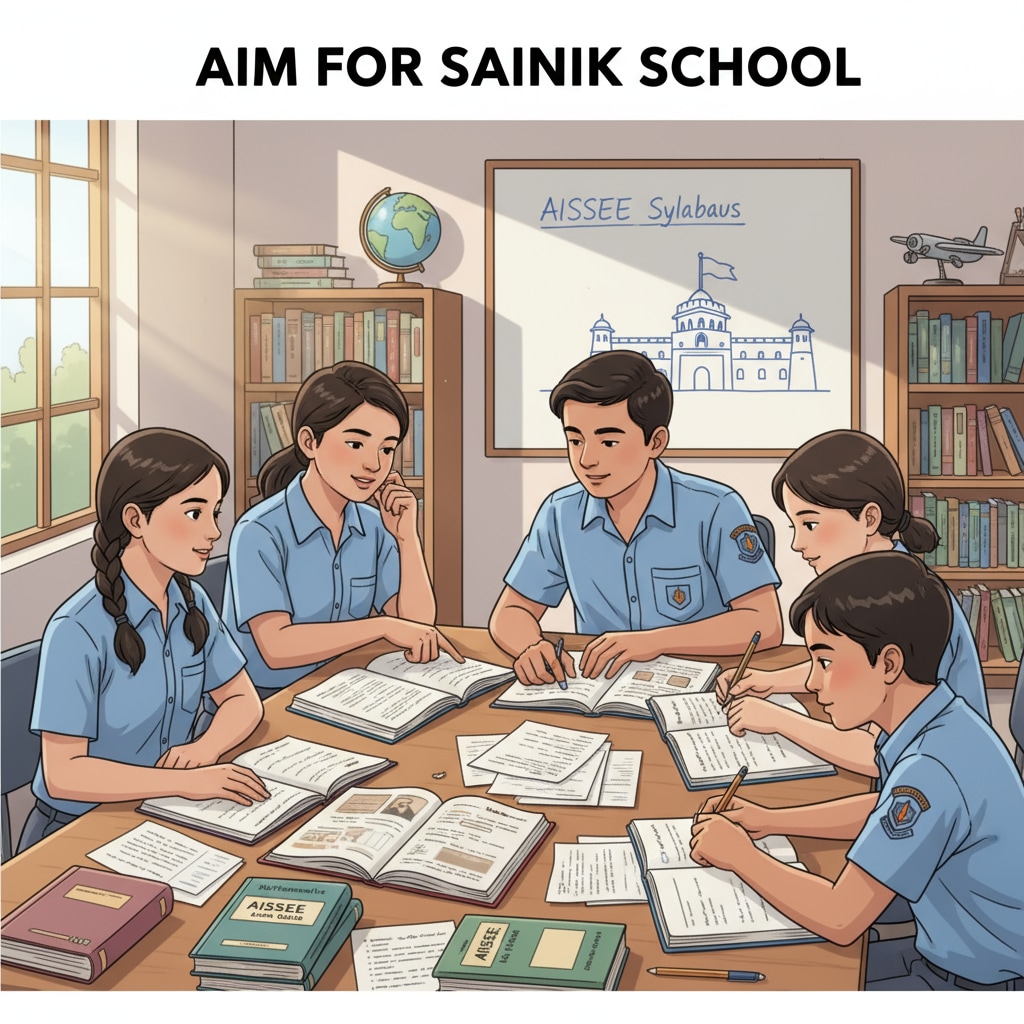 A group of students sitting around a table, studying materials related to the AISSEE exam at Sainik School, with books and papers scattered around. Students preparing for AISSEE exam at Sainik School