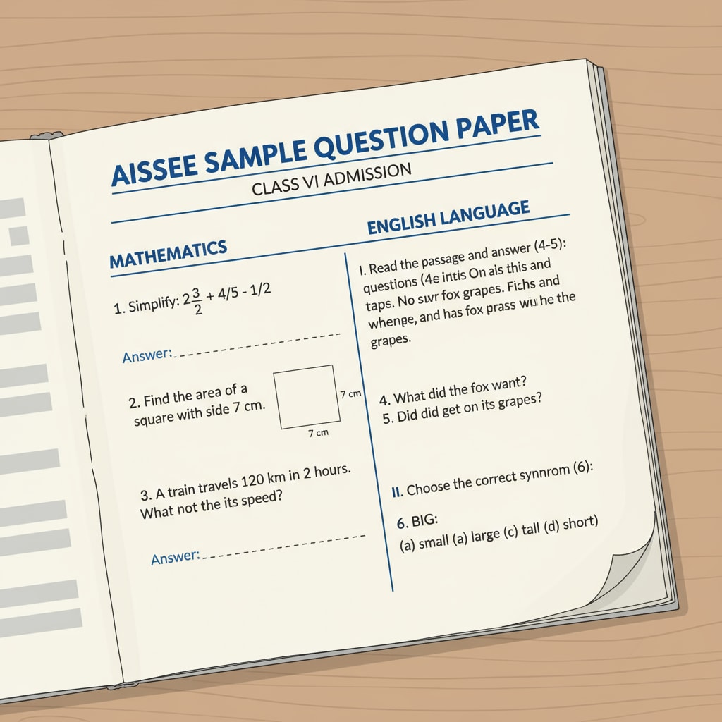 A close - up view of a sample question paper of the AISSEE exam, showing math problems and language - related questions. Sample question paper of AISSEE exam at Sainik School