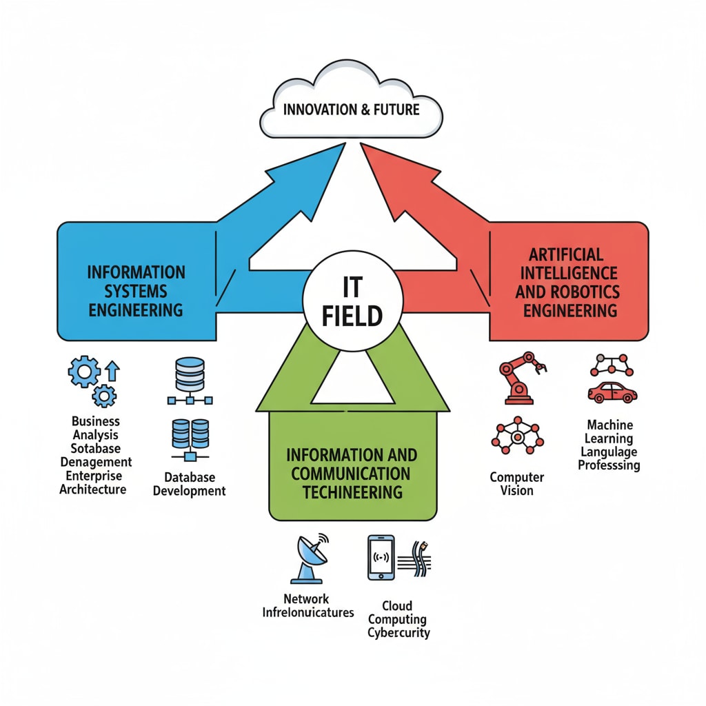 An illustration depicting different career paths within the IT field, highlighting Information Systems Engineering, Information and Communication Technology Engineering, and Artificial Intelligence and Robotics Engineering. IT career paths showing Information Systems Engineering, Information and Communication Technology Engineering, and Artificial Intelligence and Robotics Engineering for professional selection and career prospects