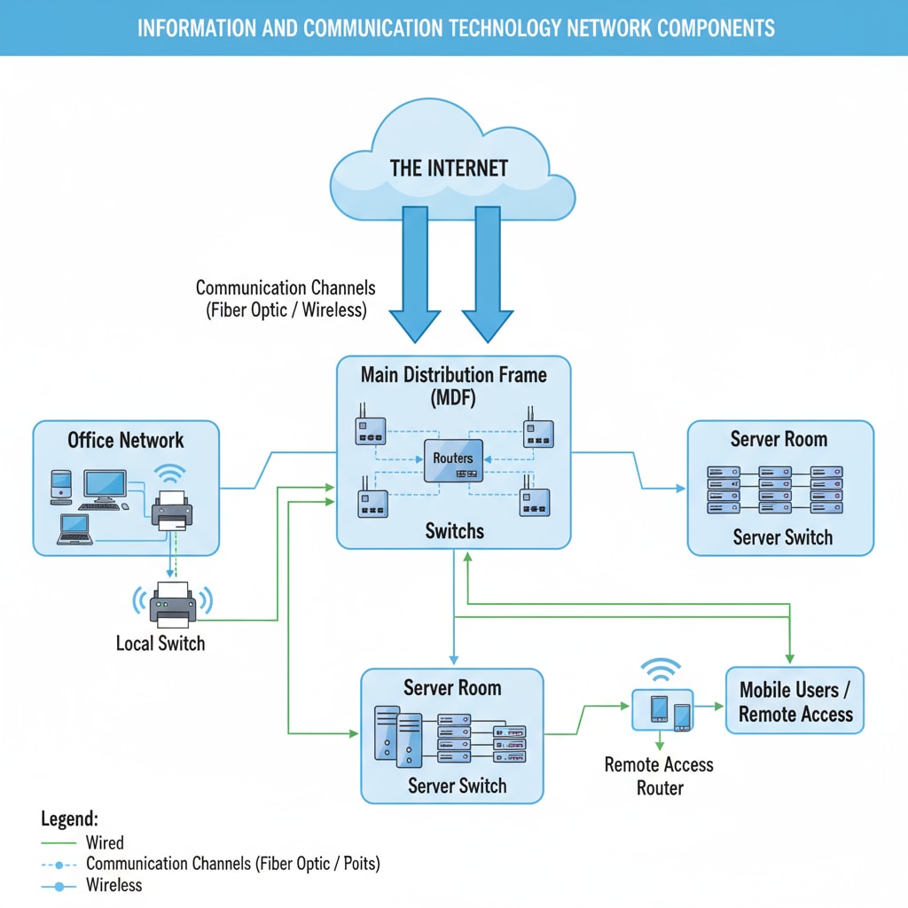 A diagram presenting the various components of an Information and Communication Technology network, including routers, switches, and communication channels. Diagram of Information and Communication Technology network components for understanding the field related to professional selection and career prospects