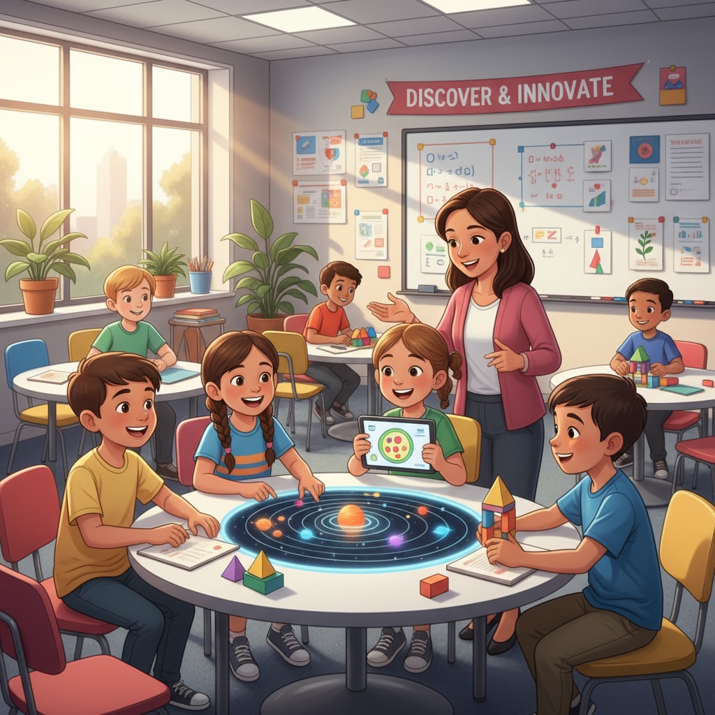 A group of K12 students are actively participating in a modern classroom activity, with smiles on their faces, showing high enthusiasm for learning. K12 students in a modern classroom related to teaching effectiveness, graduate programs, and curriculum design