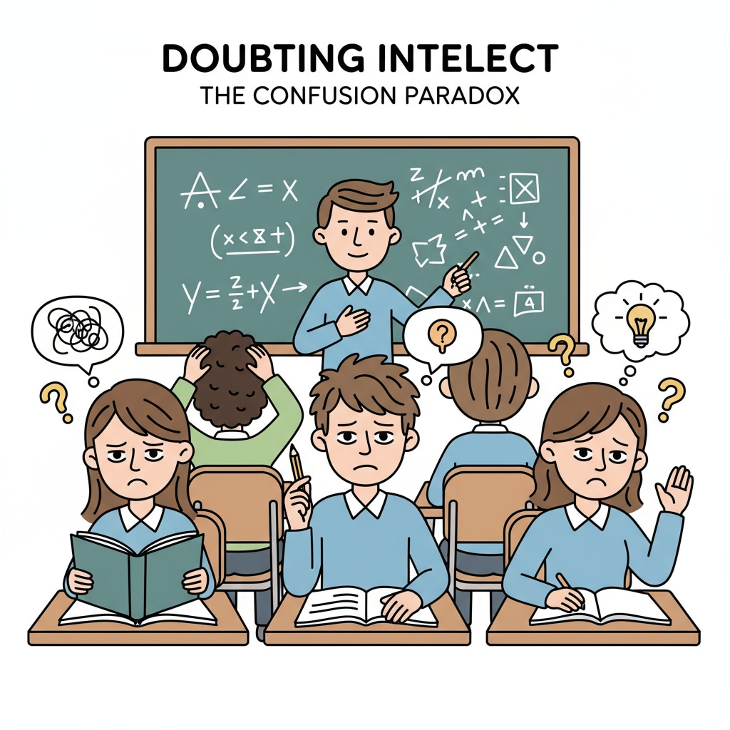 A group of students sitting in a classroom, some looking confused and lost, representing the state of students who doubt their intelligence. Students in a classroom showing signs of self-doubt related to intellectual disability and learning experiences.