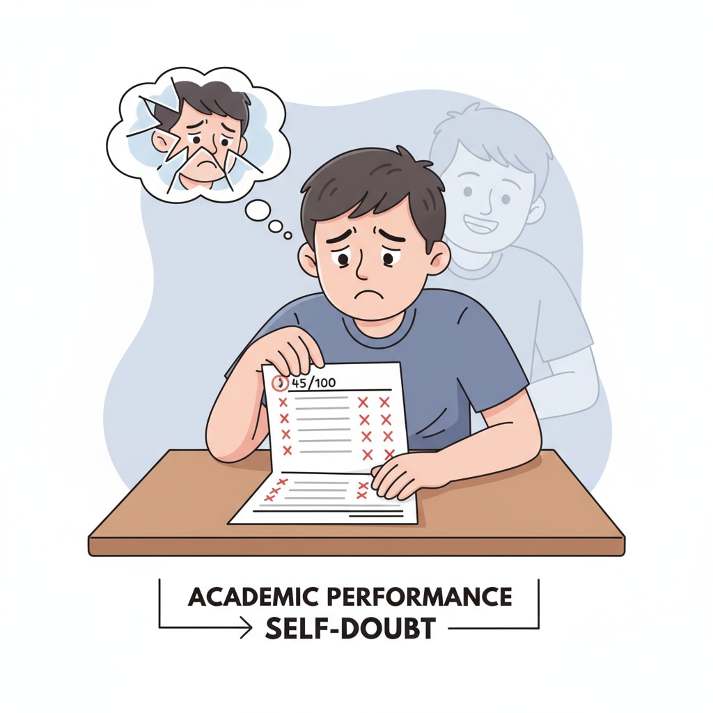 A student looking worried while looking at a test paper with low scores, highlighting the impact of academic performance on self-doubt. A student expressing self-doubt due to poor test scores in the context of intellectual concerns and learning experiences.