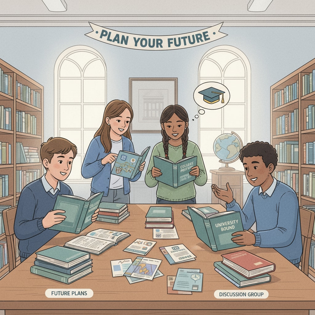 A group of high school students are sitting around a table in the library, looking at books about different colleges and discussing their future plans. High school students discussing university planning, major selection, and academic success in a library