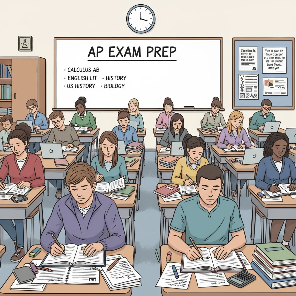In a classroom setting, students are busy studying for their AP exams, with textbooks and notes spread out on their desks. High school students engaged in academic activities related to university planning, major selection, and academic success