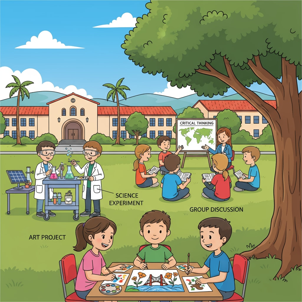 A group of students is participating in various extended learning activities in a California school, such as art projects, science experiments, and group discussions. Students engaged in extended learning activities under ELO-P in a California school
