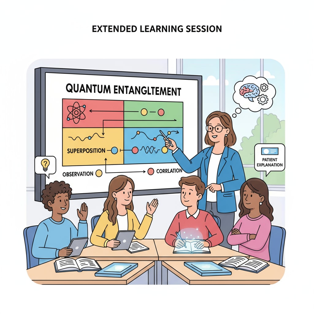 A teacher is patiently explaining a complex concept to a small group of students during an extended learning session. The students are actively listening and asking questions. A teacher conducting an extended learning session for students under ELO-P