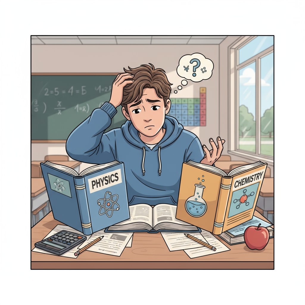 A high school student is sitting at a desk, looking confused as there are two books, one on physics and the other on chemistry, placed in front of them. This represents the dilemma of choosing between the two subjects. High school student facing the choice between physics and chemistry books in relation to online learning and the health field