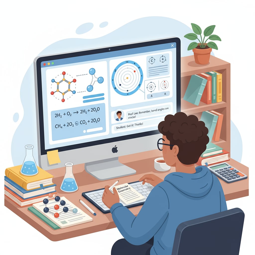 A student is studying chemistry online, with a computer screen showing various chemical diagrams and formulas. It depicts the scenario of online chemistry learning. Student engaged in online chemistry learning relevant to high school choices and the health field