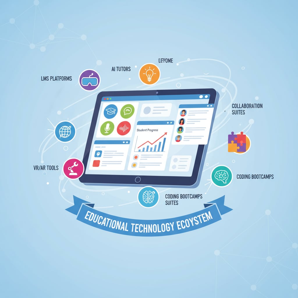 The screen displays different educational technology software icons and interfaces, highlighting the variety of tools available. Different educational technology tools on a computer screen to assist teachers in reducing workload and improving efficiency