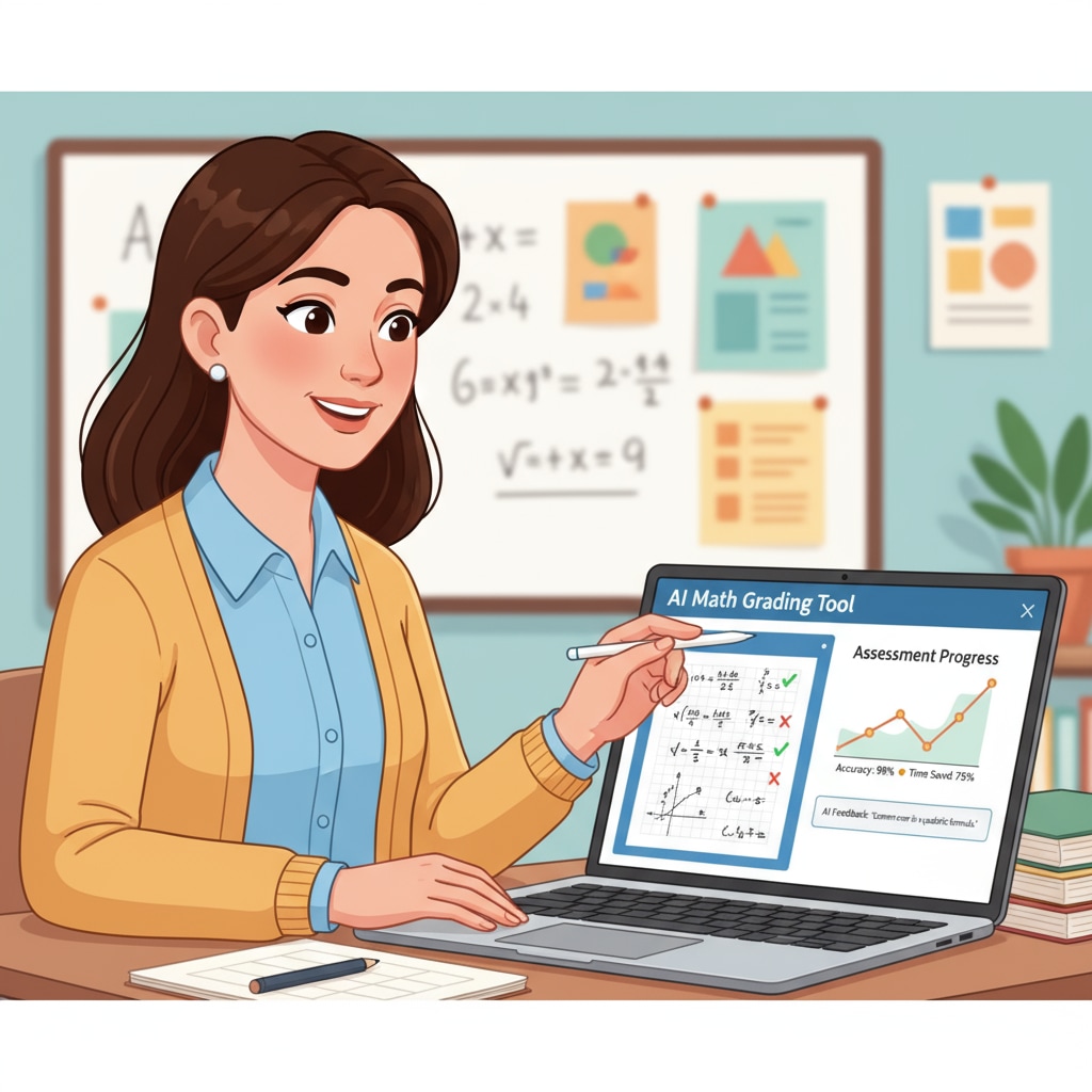An illustration depicts a teacher sitting in front of a computer, using an AI math grading tool to assess students' work. A teacher using an AI math grading tool to enhance work efficiency and save time.