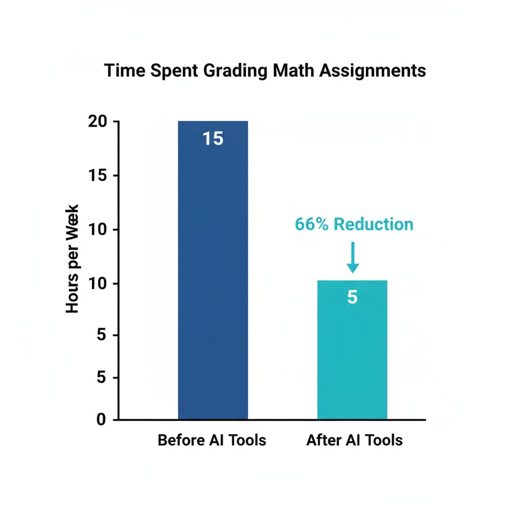 A graph shows two bars, one representing the time spent on grading math assignments before using AI math grading tools and the other showing the reduced time after implementation. Comparison of time spent on grading math assignments before and after using AI math grading tools, highlighting improved efficiency.