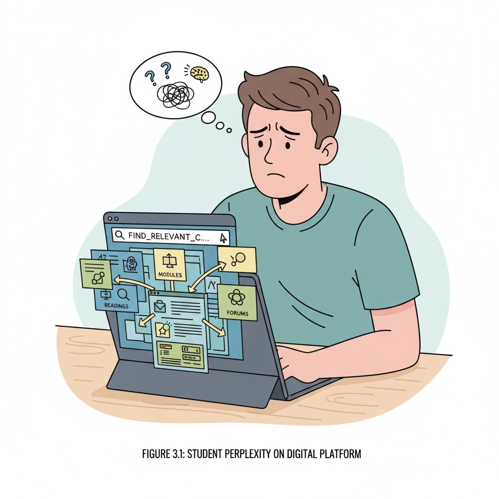 A student looking confused while trying to find relevant content on a digital learning platform A confused student searching for content on a digital learning platform
