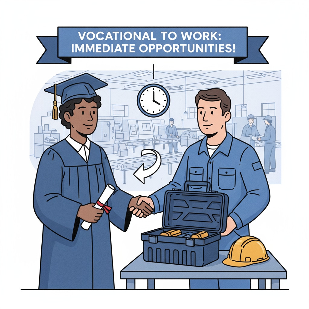 A young person graduating from a vocational program and immediately starting work at a local company. This depicts the quick employment opportunities that vocational education can offer. A graduate from vocational education starting work, highlighting the link between vocational education, employment, and return on investment.