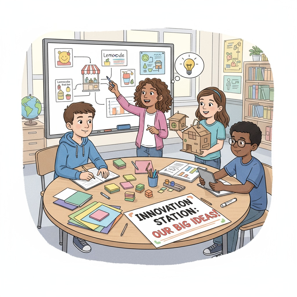 A group of K12 students are actively involved in a hands-on entrepreneurial project, discussing ideas and working together. K12 students engaged in practical entrepreneurial learning