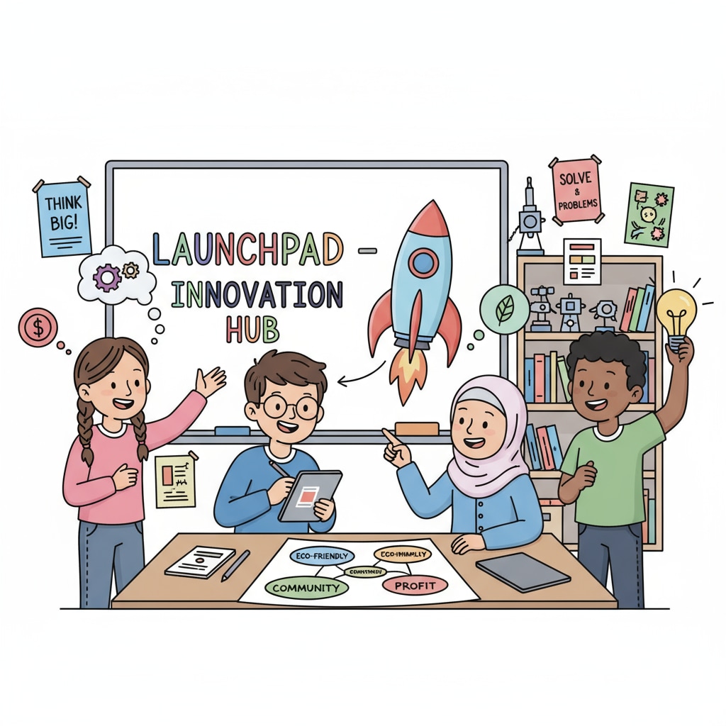 Students are collaborating on a startup idea during a K12 entrepreneurship class, with enthusiasm and creativity. K12 students collaborating on entrepreneurial projects