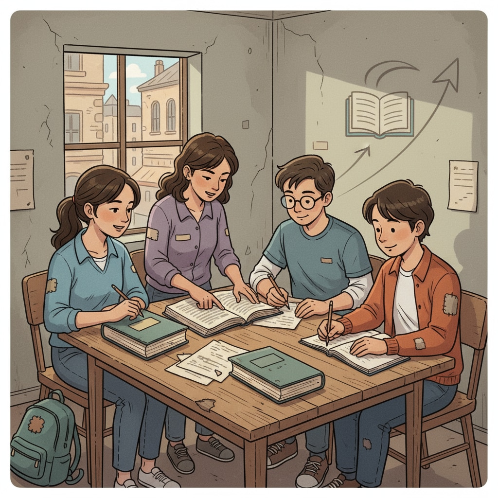 A group of students studying together with books and notebooks, representing the pursuit of education despite economic difficulties Students studying despite economic hardships
