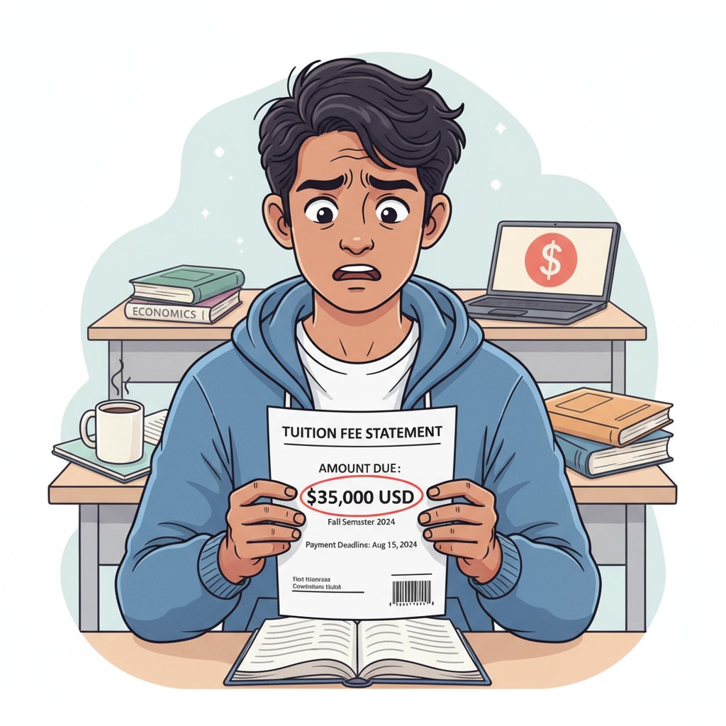 A young student looking worried while holding a tuition bill, highlighting the stress of financial constraints Student stressed about tuition