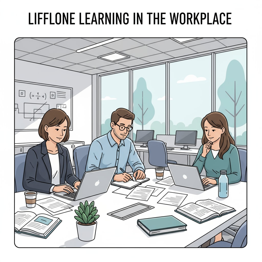 A group of professionals are sitting around a table, some looking at laptops and some taking notes during breaks at the office, showing their dedication to learning while working. Professionals engaged in learning during work breaks related to education upgrade for career development