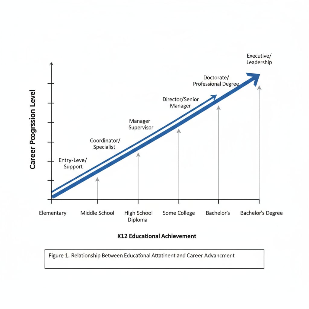 A line graph with the x-axis representing different levels of K12 educational achievement and the y-axis showing corresponding career progression levels, indicating the relationship between them. Graph depicting the correlation between K12 educational achievement and career progression for career development and education upgrade
